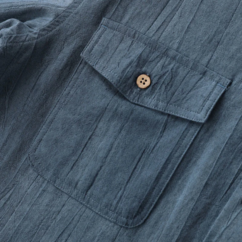 Camicia da uomo in cotone ramiè a maniche corte con bottoni e design a pieghe tinta unita, motivo Buddha Stones - Image 5
