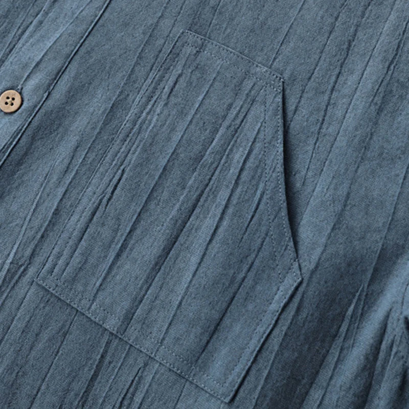 Camicia da uomo in cotone ramiè a maniche corte con bottoni e design a pieghe tinta unita, motivo Buddha Stones - Image 6