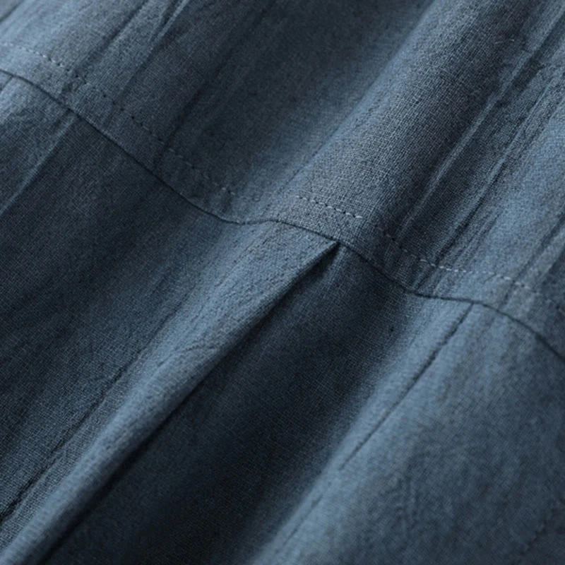 Camicia da uomo in cotone ramiè a maniche corte con bottoni e design a pieghe tinta unita, motivo Buddha Stones - Image 7