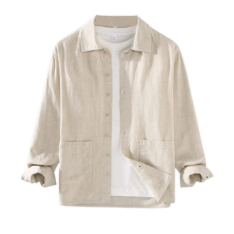 Camicia da uomo in cotone ramiè con maniche lunghe e bottoni, tinta unita, motivo Buddha Stones, con tasche - Image 7