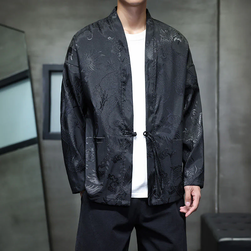 Camicia da uomo in jacquard con colletto rialzato, maniche lunghe, bottoni a rana, motivo Buddha Stones Dragon Tang Suit