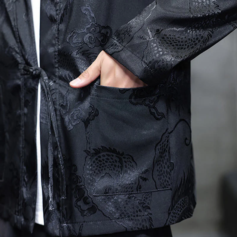 Camicia da uomo in jacquard con colletto rialzato, maniche lunghe, bottoni a rana, motivo Buddha Stones Dragon Tang Suit - Image 12