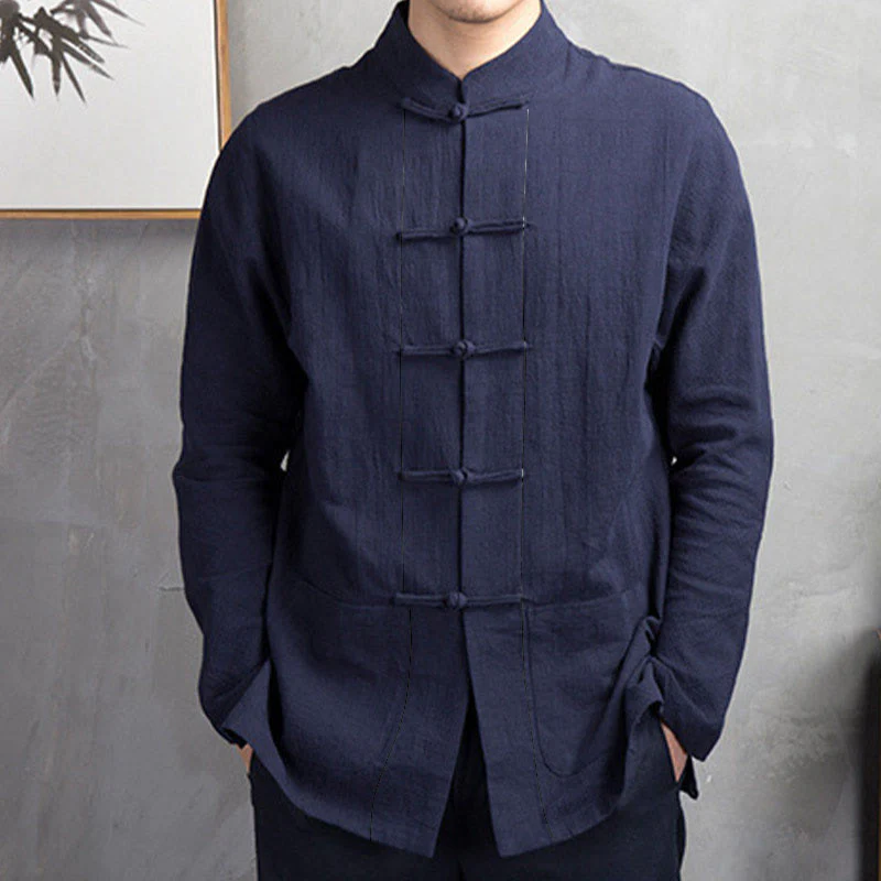 Camicia da uomo casual con bottoni a rana, tinta unita, motivo Buddha Stones - Image 12