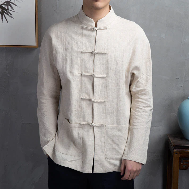 Camicia da uomo casual con bottoni a rana, tinta unita, motivo Buddha Stones - Image 2