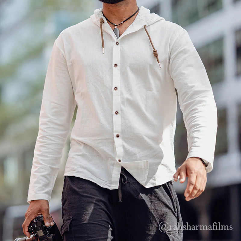 Camicia da uomo in cotone con cappuccio, coulisse, bottoni e maniche lunghe, tinta unita , Buddha Stones