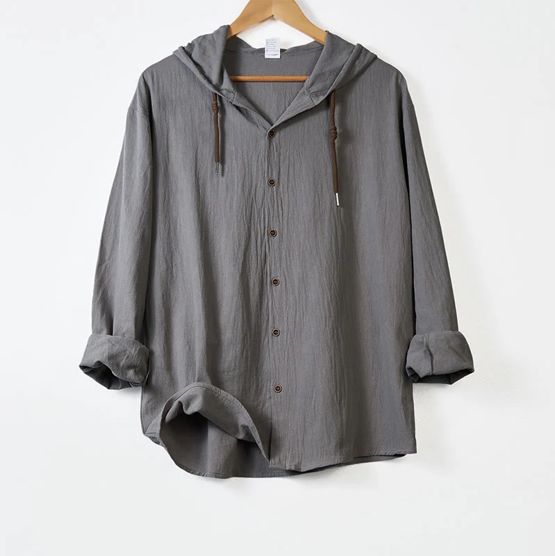 Camicia da uomo in cotone con cappuccio, coulisse, bottoni e maniche lunghe, tinta unita , Buddha Stones - Image 11