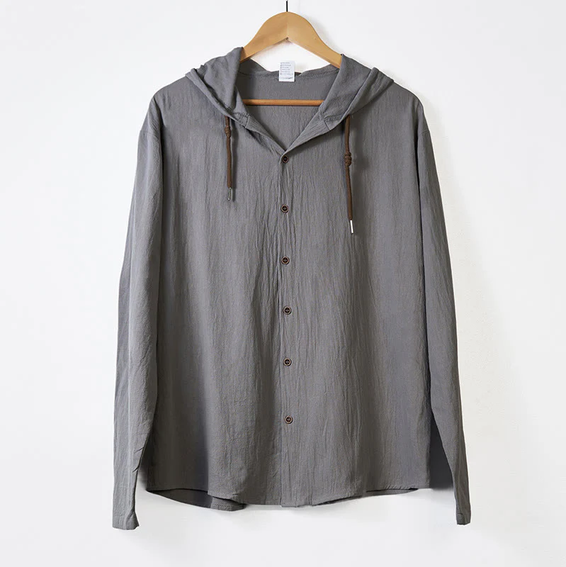 Camicia da uomo in cotone con cappuccio, coulisse, bottoni e maniche lunghe, tinta unita , Buddha Stones - Image 12
