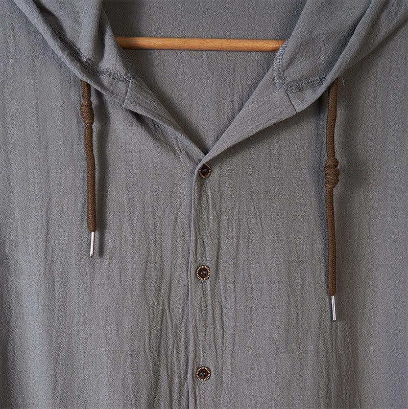 Camicia da uomo in cotone con cappuccio, coulisse, bottoni e maniche lunghe, tinta unita , Buddha Stones - Image 14