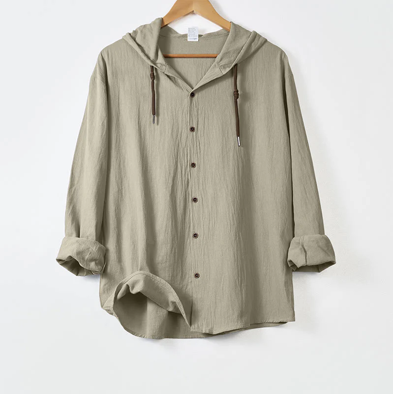Camicia da uomo in cotone con cappuccio, coulisse, bottoni e maniche lunghe, tinta unita , Buddha Stones - Image 16