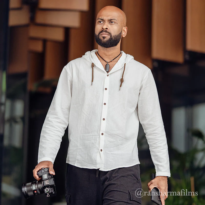 Camicia da uomo in cotone con cappuccio, coulisse, bottoni e maniche lunghe, tinta unita , Buddha Stones - Image 4