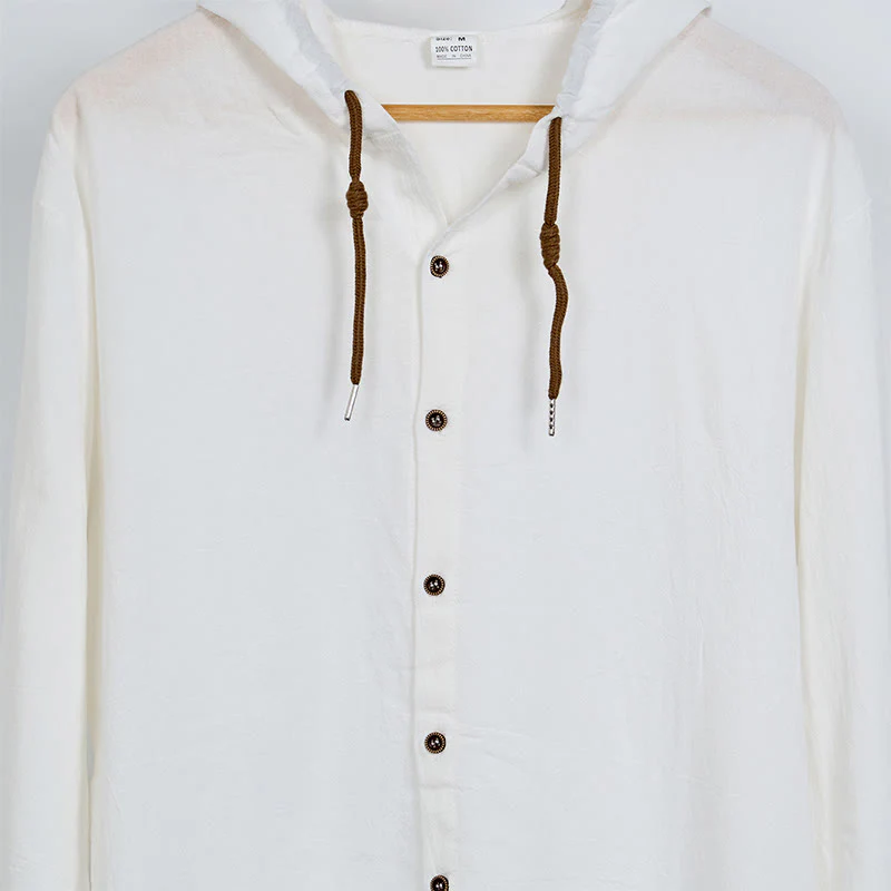 Camicia da uomo in cotone con cappuccio, coulisse, bottoni e maniche lunghe, tinta unita , Buddha Stones - Image 8