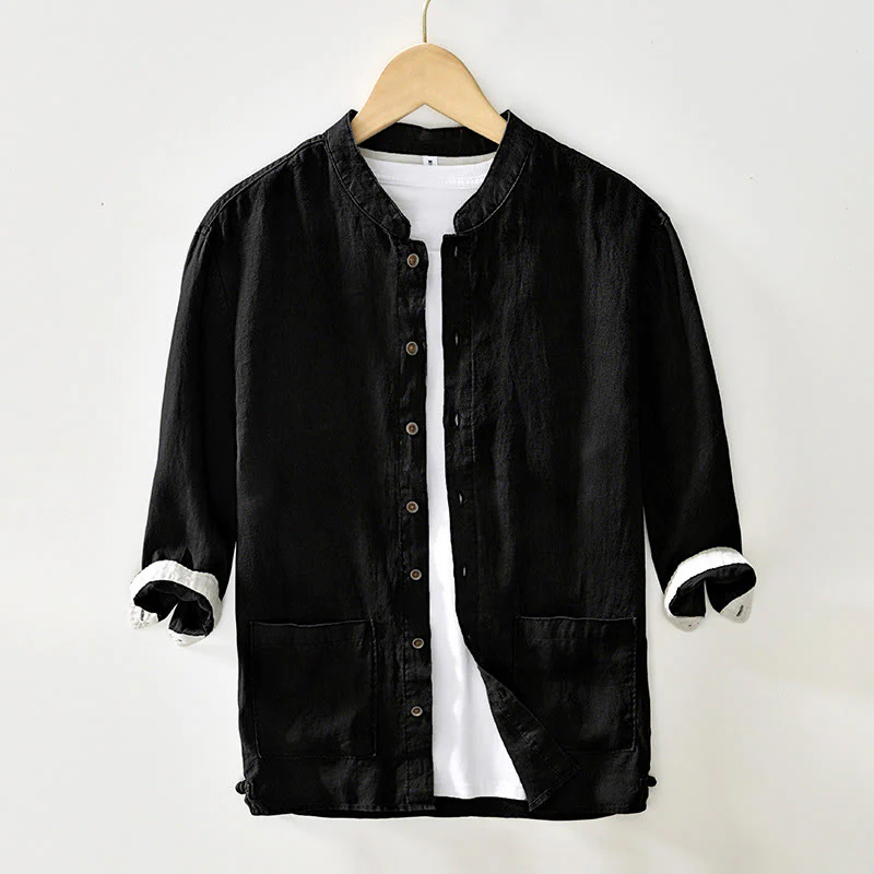 Camicia da uomo in lino con maniche a tre quarti, colletto rialzato, bottoni e tasche, tinta unita, Buddha Stones Fall - Image 11