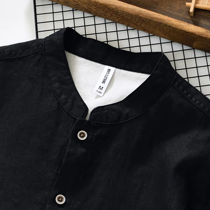 Camicia da uomo in lino con maniche a tre quarti, colletto rialzato, bottoni e tasche, tinta unita, Buddha Stones Fall - Image 12