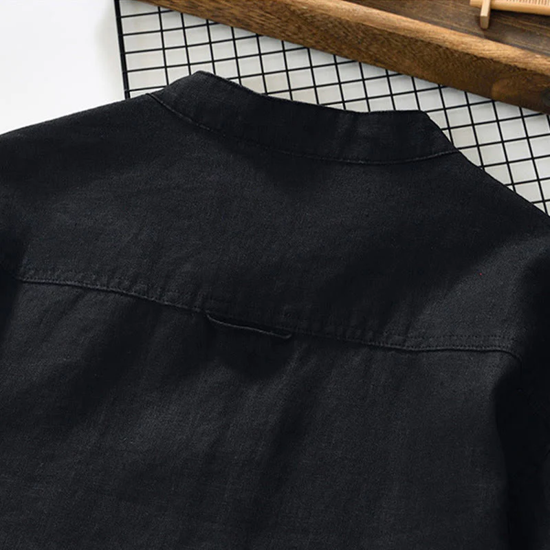Camicia da uomo in lino con maniche a tre quarti, colletto rialzato, bottoni e tasche, tinta unita, Buddha Stones Fall - Image 13