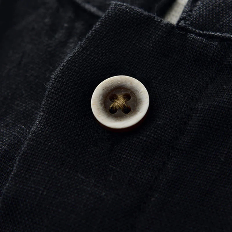 Camicia da uomo in lino con maniche a tre quarti, colletto rialzato, bottoni e tasche, tinta unita, Buddha Stones Fall - Image 14