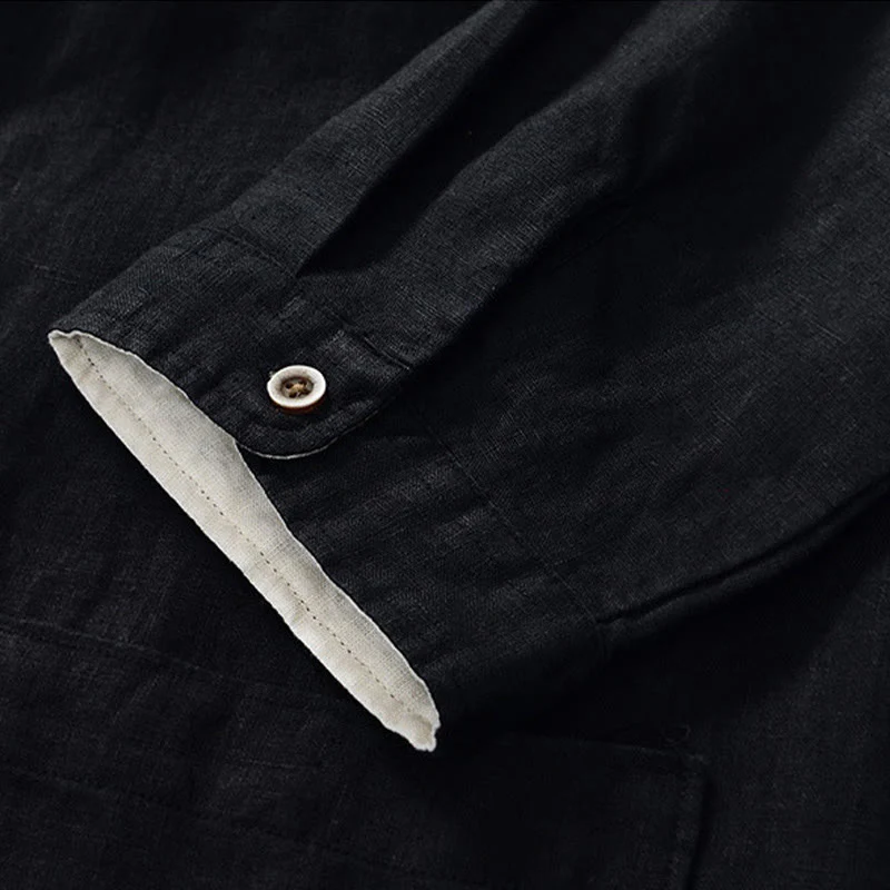 Camicia da uomo in lino con maniche a tre quarti, colletto rialzato, bottoni e tasche, tinta unita, Buddha Stones Fall - Image 15