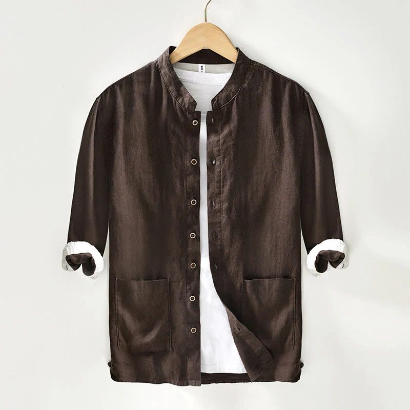 Camicia da uomo in lino con maniche a tre quarti, colletto rialzato, bottoni e tasche, tinta unita, Buddha Stones Fall - Image 18