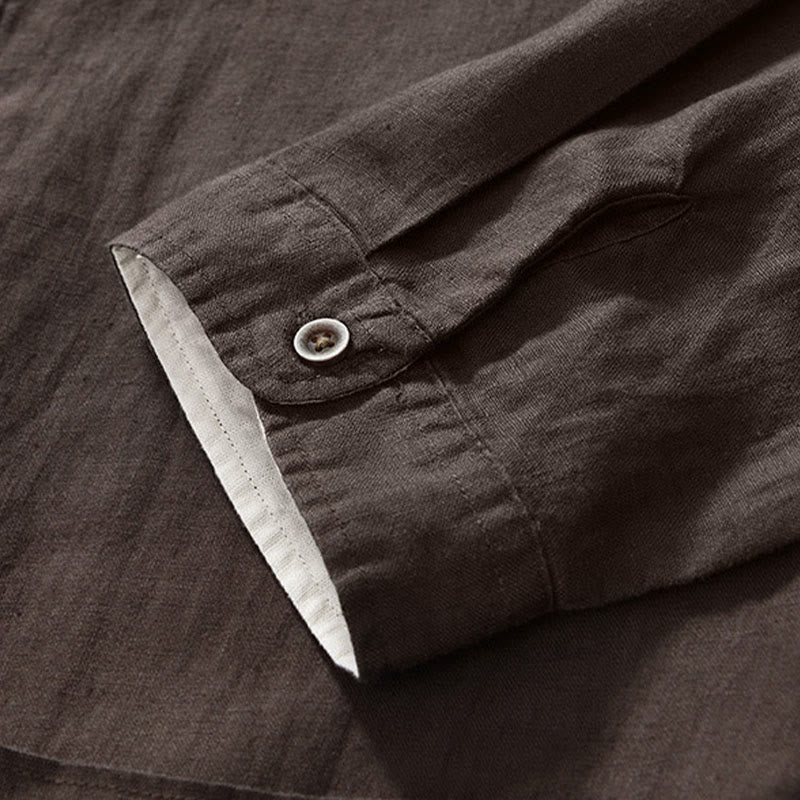 Camicia da uomo in lino con maniche a tre quarti, colletto rialzato, bottoni e tasche, tinta unita, Buddha Stones Fall - Image 22