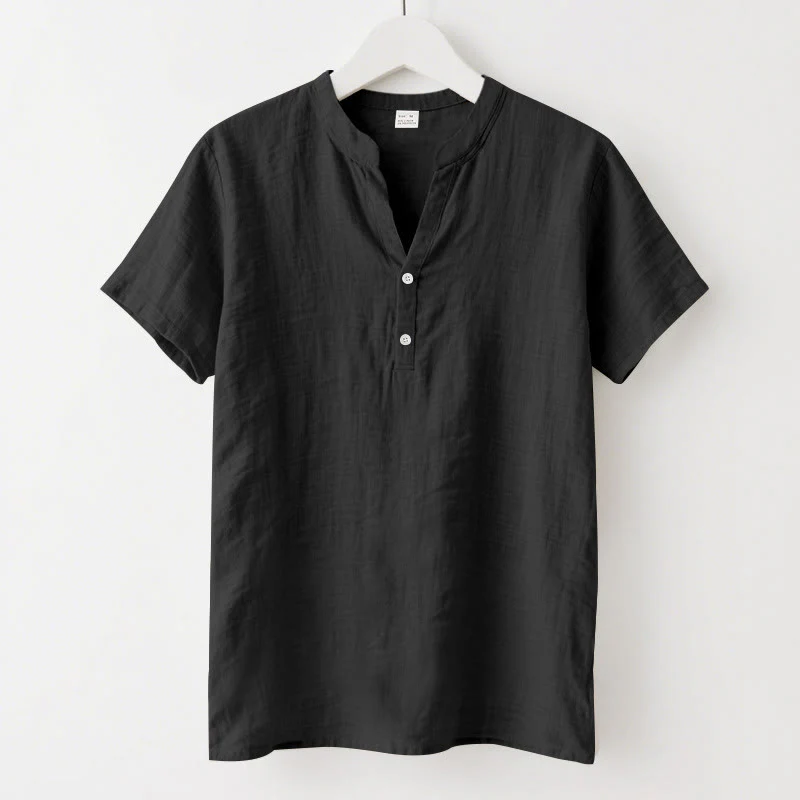 Camicia da uomo in lino con maniche corte e bottoni a metà lunghezza, tinta unita, motivo Buddha Stones