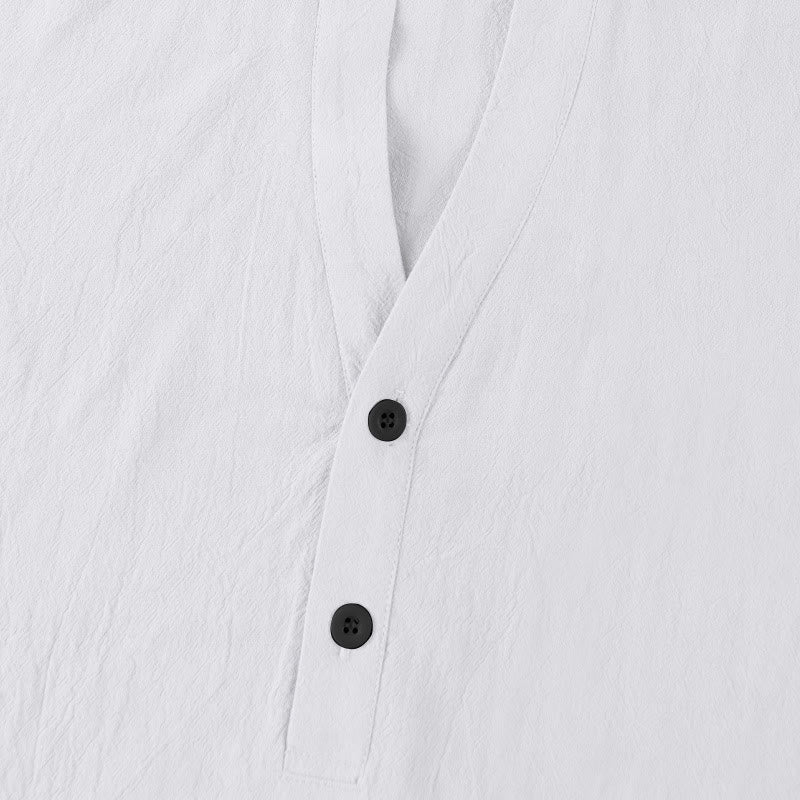 Camicia da uomo in lino con maniche corte e bottoni a metà lunghezza, tinta unita, motivo Buddha Stones - Image 10