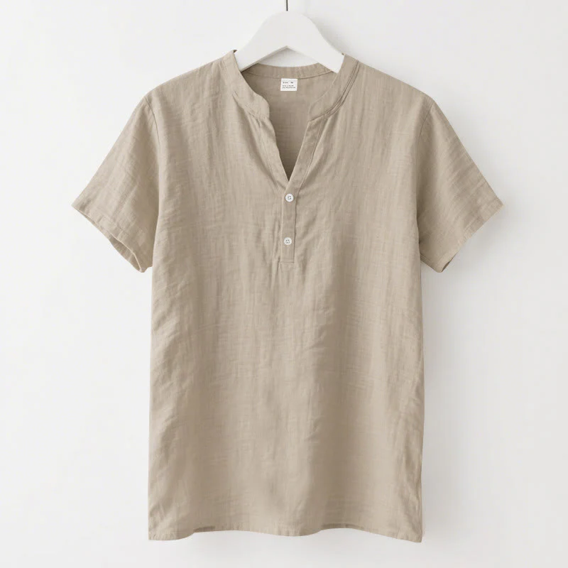 Camicia da uomo in lino con maniche corte e bottoni a metà lunghezza, tinta unita, motivo Buddha Stones - Image 13