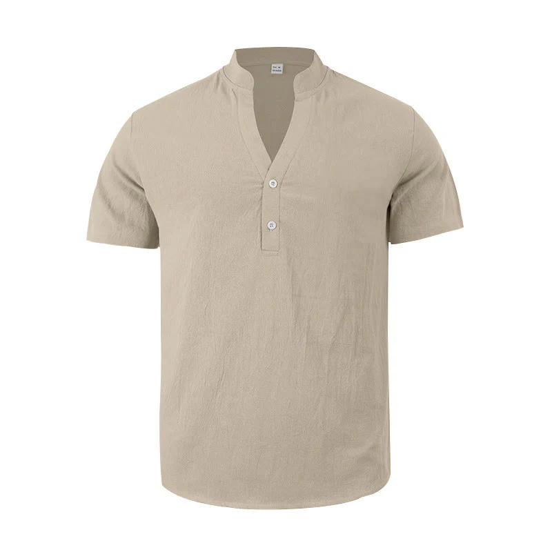 Camicia da uomo in lino con maniche corte e bottoni a metà lunghezza, tinta unita, motivo Buddha Stones - Image 14
