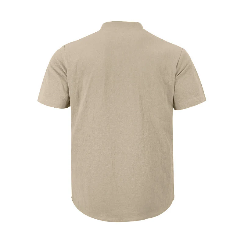Camicia da uomo in lino con maniche corte e bottoni a metà lunghezza, tinta unita, motivo Buddha Stones - Image 15