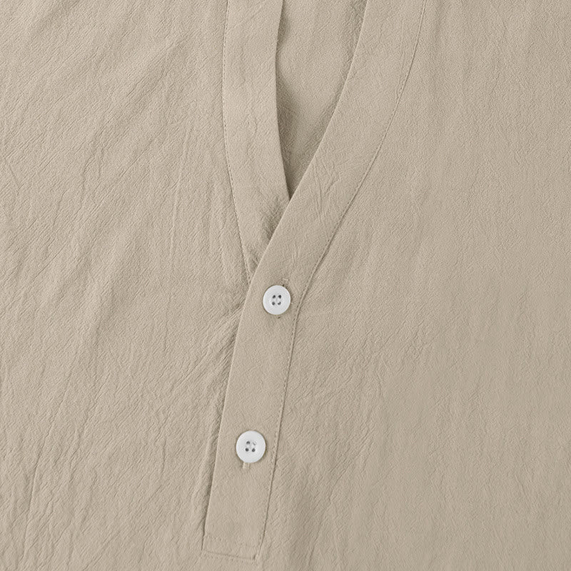 Camicia da uomo in lino con maniche corte e bottoni a metà lunghezza, tinta unita, motivo Buddha Stones - Image 16