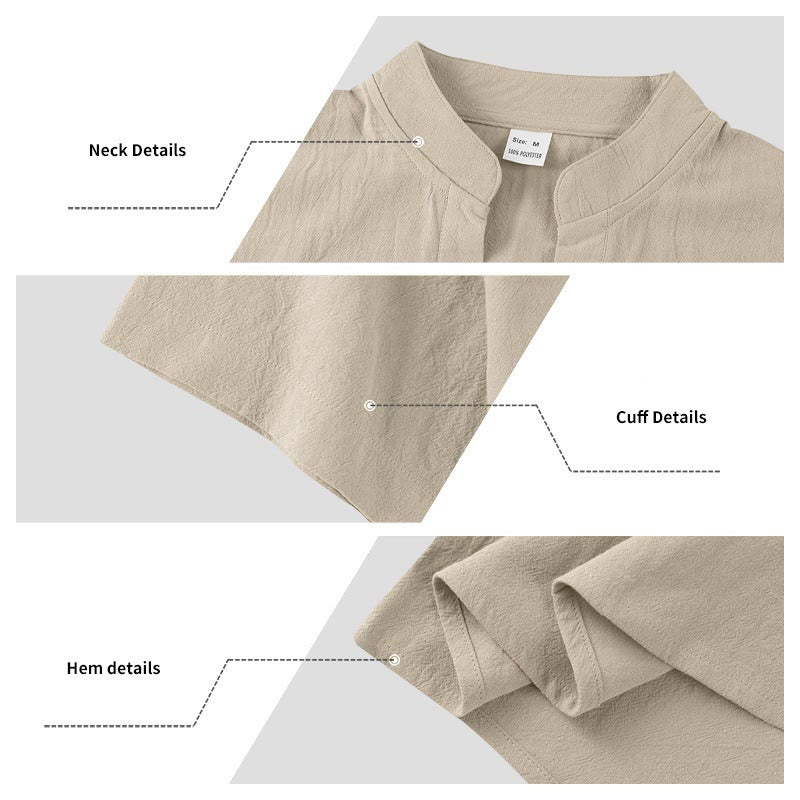 Camicia da uomo in lino con maniche corte e bottoni a metà lunghezza, tinta unita, motivo Buddha Stones - Image 18