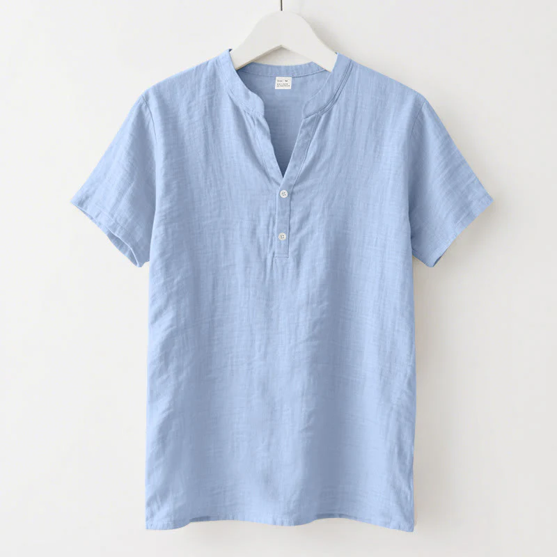 Camicia da uomo in lino con maniche corte e bottoni a metà lunghezza, tinta unita, motivo Buddha Stones - Image 19