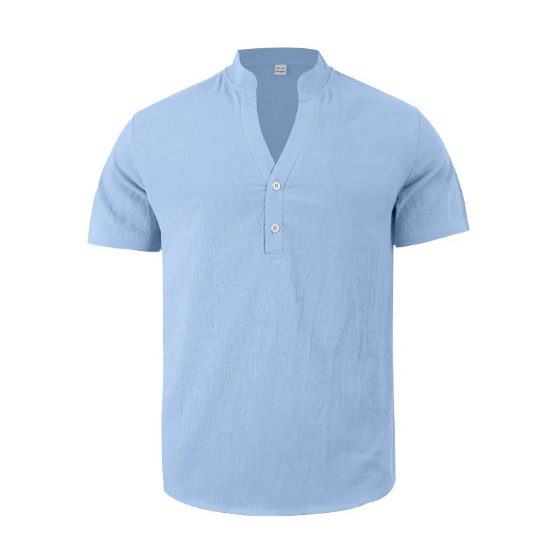 Camicia da uomo in lino con maniche corte e bottoni a metà lunghezza, tinta unita, motivo Buddha Stones - Image 20