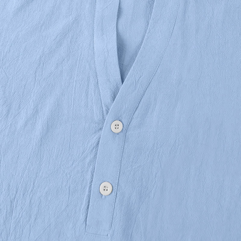 Camicia da uomo in lino con maniche corte e bottoni a metà lunghezza, tinta unita, motivo Buddha Stones - Image 22