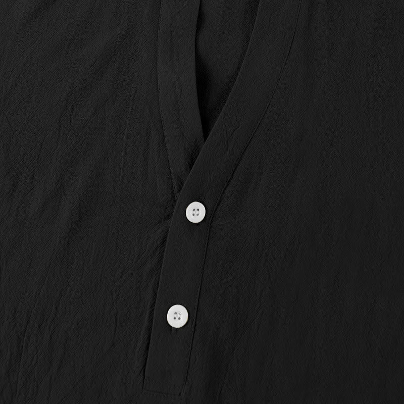 Camicia da uomo in lino con maniche corte e bottoni a metà lunghezza, tinta unita, motivo Buddha Stones - Image 4