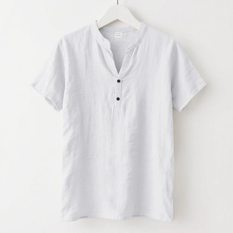 Camicia da uomo in lino con maniche corte e bottoni a metà lunghezza, tinta unita, motivo Buddha Stones - Image 7