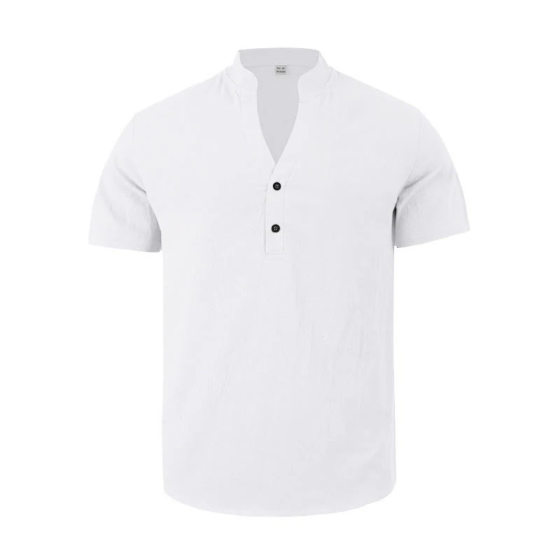 Camicia da uomo in lino con maniche corte e bottoni a metà lunghezza, tinta unita, motivo Buddha Stones - Image 8