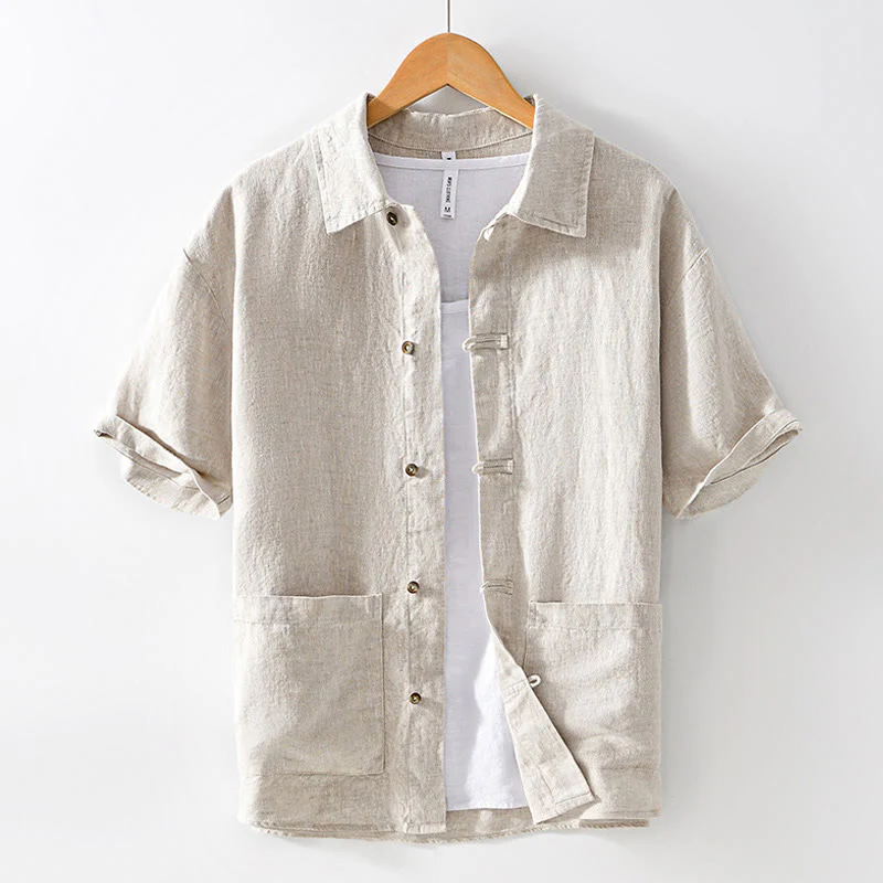 Camicia da uomo in lino con tasche e bottoni, a maniche corte , Buddha Stones