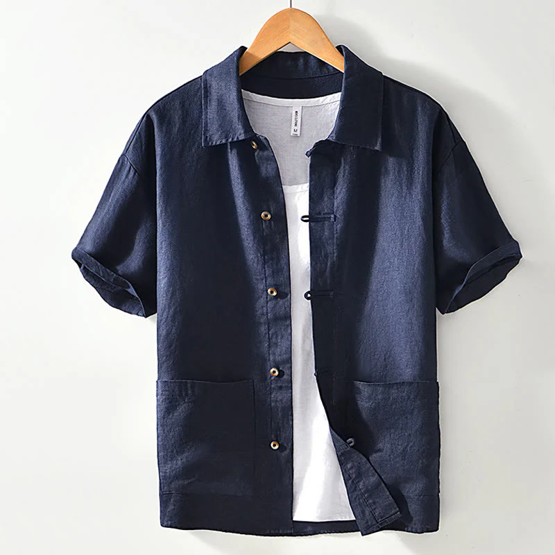 Camicia da uomo in lino con tasche e bottoni, a maniche corte , Buddha Stones - Image 16