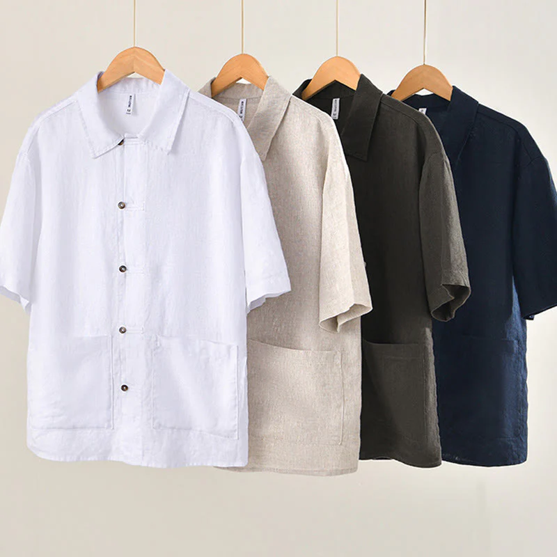 Camicia da uomo in lino con tasche e bottoni, a maniche corte , Buddha Stones - Image 2