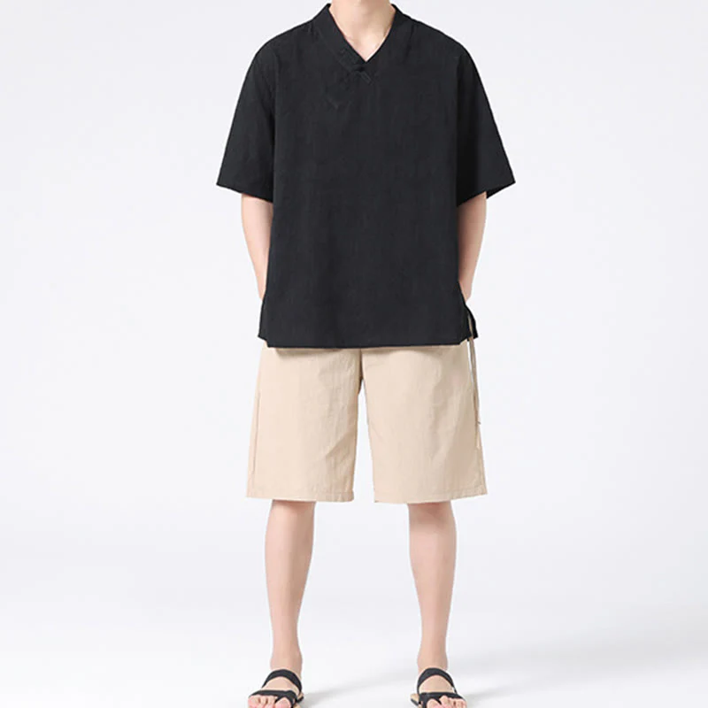 Camicia da uomo in lino e cotone a maniche corte, con colletto alto, in jacquard anticato, con bottoni a rana, etnica, con Buddha Stones , abbigliamento Tai Chi - Image 14