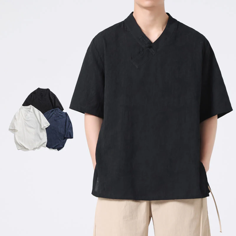 Camicia da uomo in lino e cotone a maniche corte, con colletto alto, in jacquard anticato, con bottoni a rana, etnica, con Buddha Stones , abbigliamento Tai Chi - Image 15