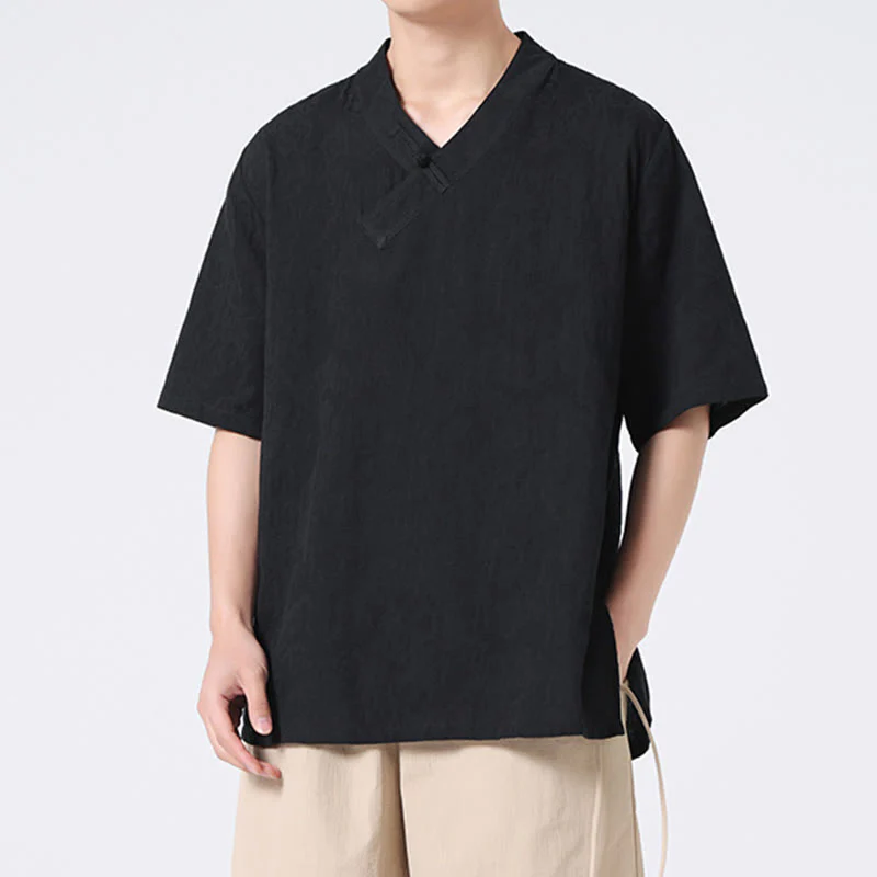 Camicia da uomo in lino e cotone a maniche corte, con colletto alto, in jacquard anticato, con bottoni a rana, etnica, con Buddha Stones , abbigliamento Tai Chi - Image 16