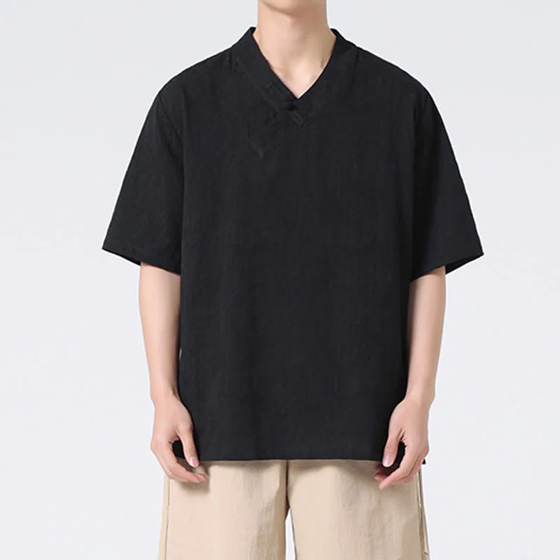 Camicia da uomo in lino e cotone a maniche corte, con colletto alto, in jacquard anticato, con bottoni a rana, etnica, con Buddha Stones , abbigliamento Tai Chi - Image 17