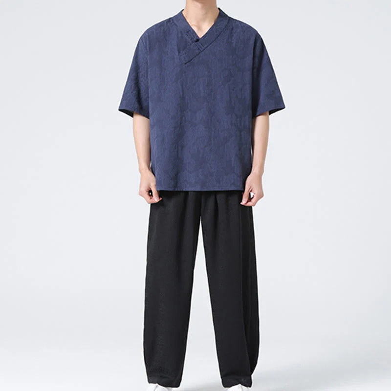 Camicia da uomo in lino e cotone a maniche corte, con colletto alto, in jacquard anticato, con bottoni a rana, etnica, con Buddha Stones , abbigliamento Tai Chi - Image 2