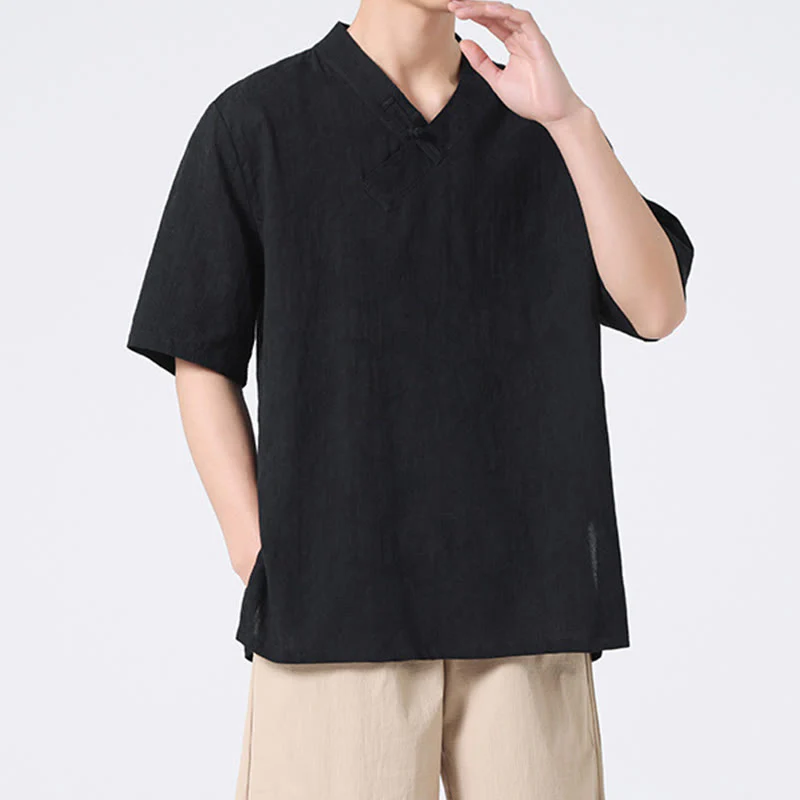 Camicia da uomo in lino e cotone a maniche corte, con colletto alto, in jacquard anticato, con bottoni a rana, etnica, con Buddha Stones , abbigliamento Tai Chi - Image 20