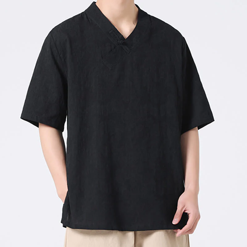 Camicia da uomo in lino e cotone a maniche corte, con colletto alto, in jacquard anticato, con bottoni a rana, etnica, con Buddha Stones , abbigliamento Tai Chi - Image 21
