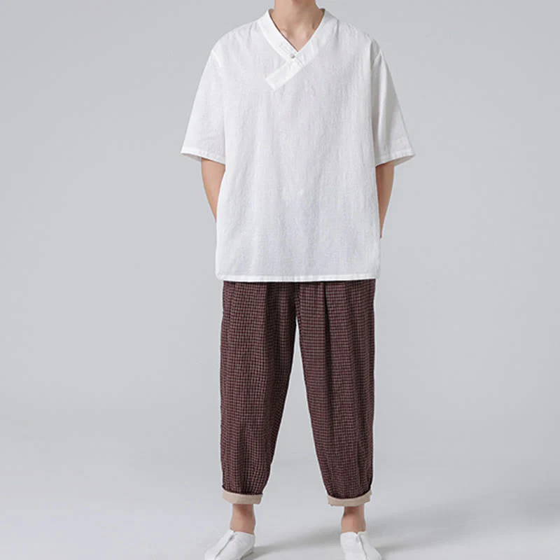 Camicia da uomo in lino e cotone a maniche corte, con colletto alto, in jacquard anticato, con bottoni a rana, etnica, con Buddha Stones , abbigliamento Tai Chi - Image 23