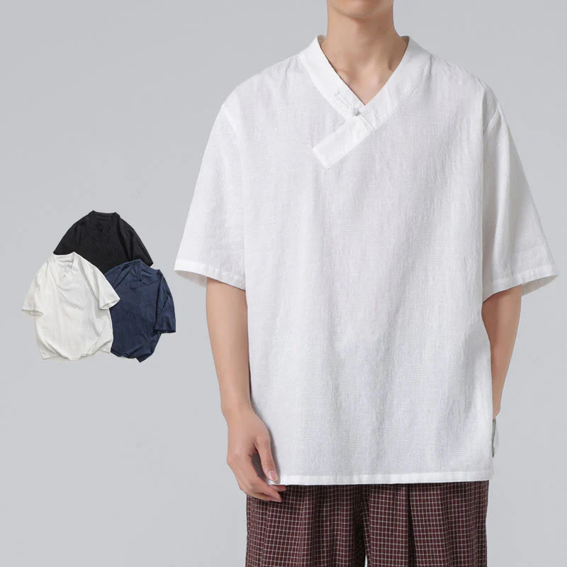 Camicia da uomo in lino e cotone a maniche corte, con colletto alto, in jacquard anticato, con bottoni a rana, etnica, con Buddha Stones , abbigliamento Tai Chi - Image 24