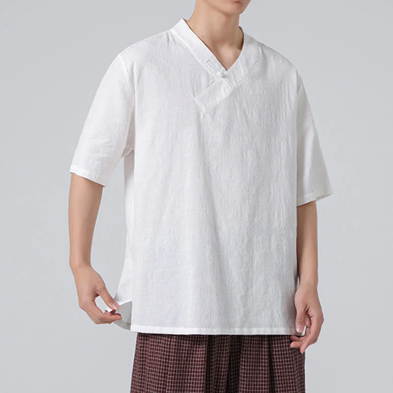 Camicia da uomo in lino e cotone a maniche corte, con colletto alto, in jacquard anticato, con bottoni a rana, etnica, con Buddha Stones , abbigliamento Tai Chi - Image 25