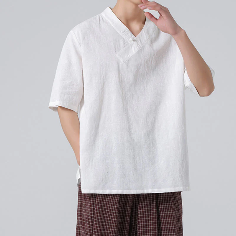 Camicia da uomo in lino e cotone a maniche corte, con colletto alto, in jacquard anticato, con bottoni a rana, etnica, con Buddha Stones , abbigliamento Tai Chi - Image 29