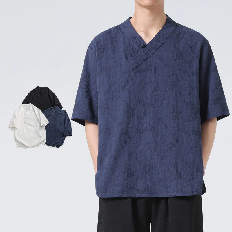 Camicia da uomo in lino e cotone a maniche corte, con colletto alto, in jacquard anticato, con bottoni a rana, etnica, con Buddha Stones , abbigliamento Tai Chi - Image 3